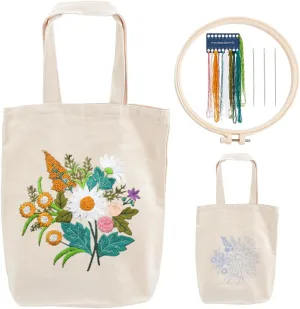 WADORN DIY Canvas Tote Bag Embroidery kit, Flower Pattern Handbag Embroidery Making Kit for Beginners Personalized Canvas Bag Cross Stitch Kits DIY Needlepoint Kits Include Color Threads, White