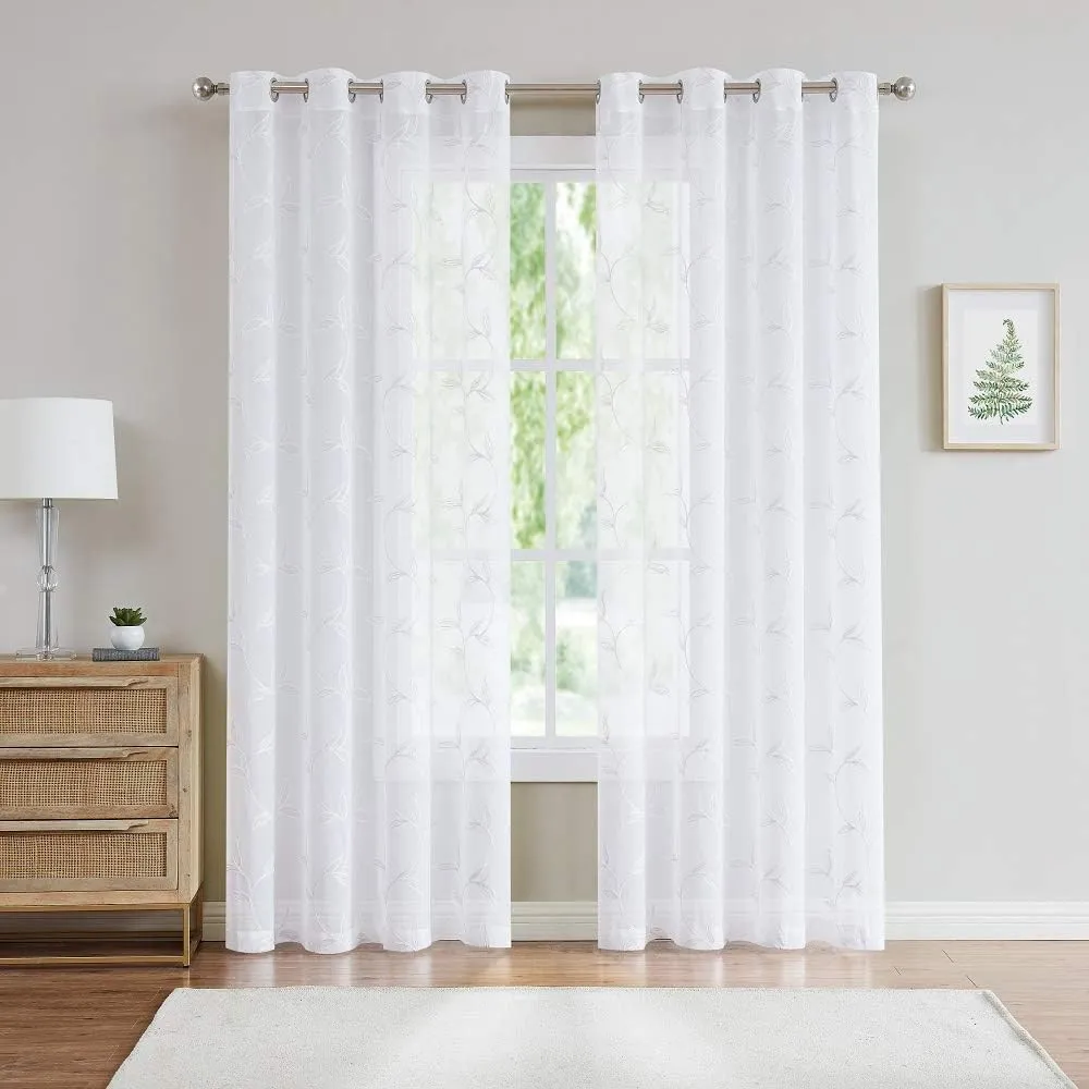 Warm Home Designs Pair of 2 Sheer White Faux-Linen Standard Size Curtain Panels with Beautiful White Color Stitched Leaf Embroidery. Each Grommet Drape is 54" (Width) x 84" (Length). M White 84"