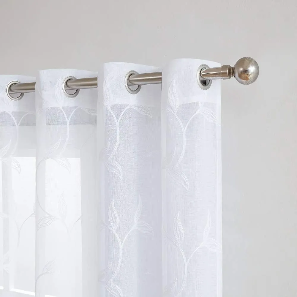 Warm Home Designs Pair of 2 Sheer White Faux-Linen Standard Size Curtain Panels with Beautiful White Color Stitched Leaf Embroidery. Each Grommet Drape is 54" (Width) x 84" (Length). M White 84"