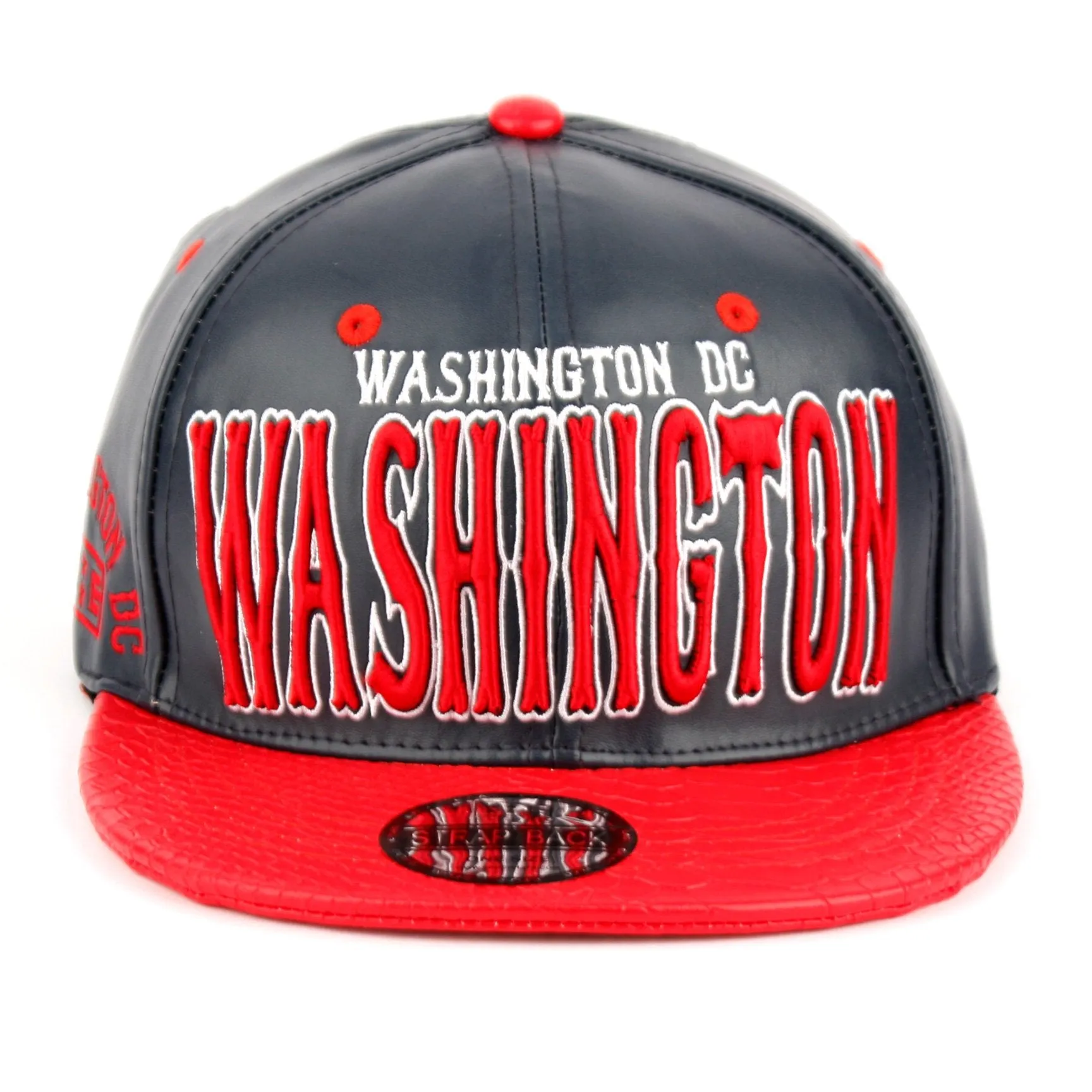 Washington DC Faux Leather Baseball City Cap with Snake Faux Leather Flat Brim