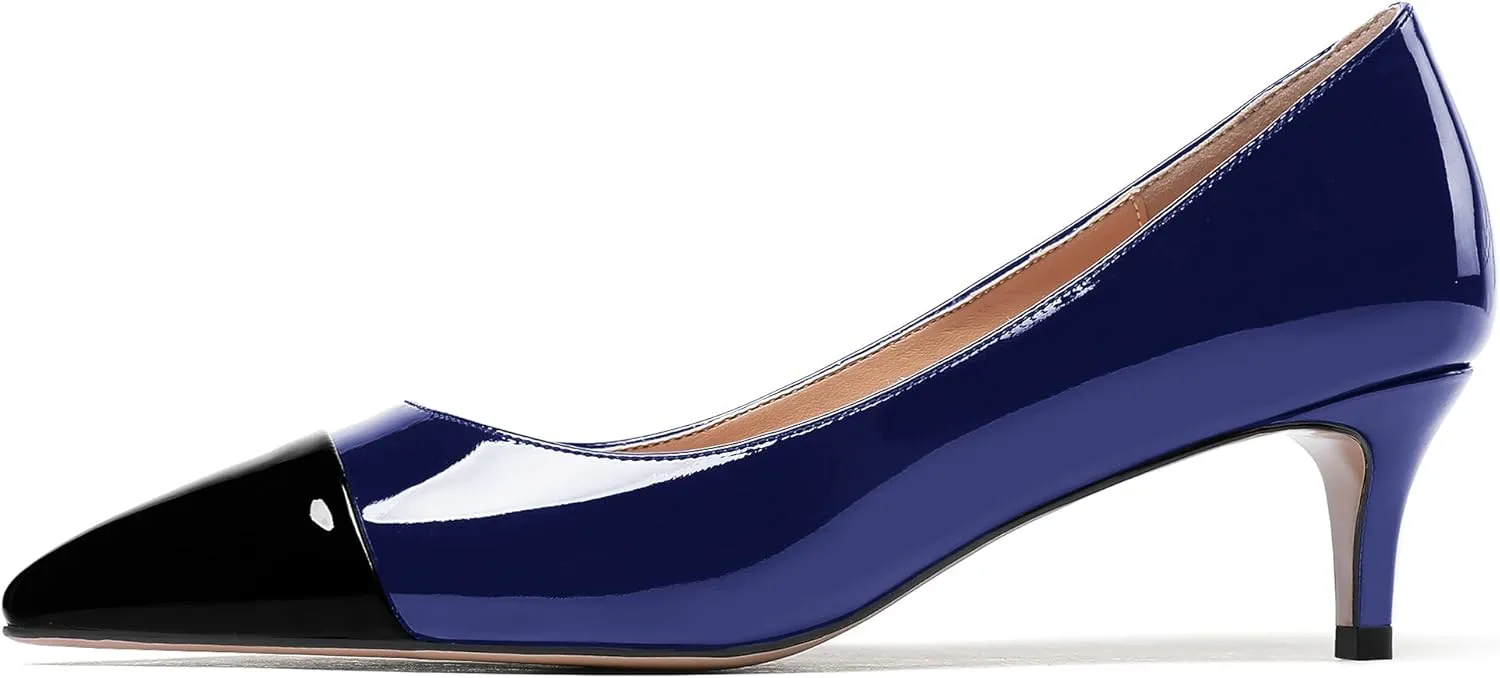 WAYDERNS Women's Patchwork Patent Leather Pointed Toe Slip On Kitten Low Heel Pumps Office Work Dress Shoes 2 Inch