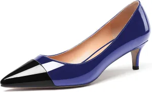 WAYDERNS Women's Patchwork Patent Leather Pointed Toe Slip On Kitten Low Heel Pumps Office Work Dress Shoes 2 Inch