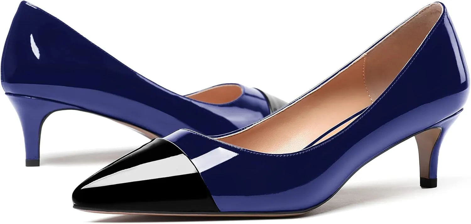 WAYDERNS Women's Patchwork Patent Leather Pointed Toe Slip On Kitten Low Heel Pumps Office Work Dress Shoes 2 Inch