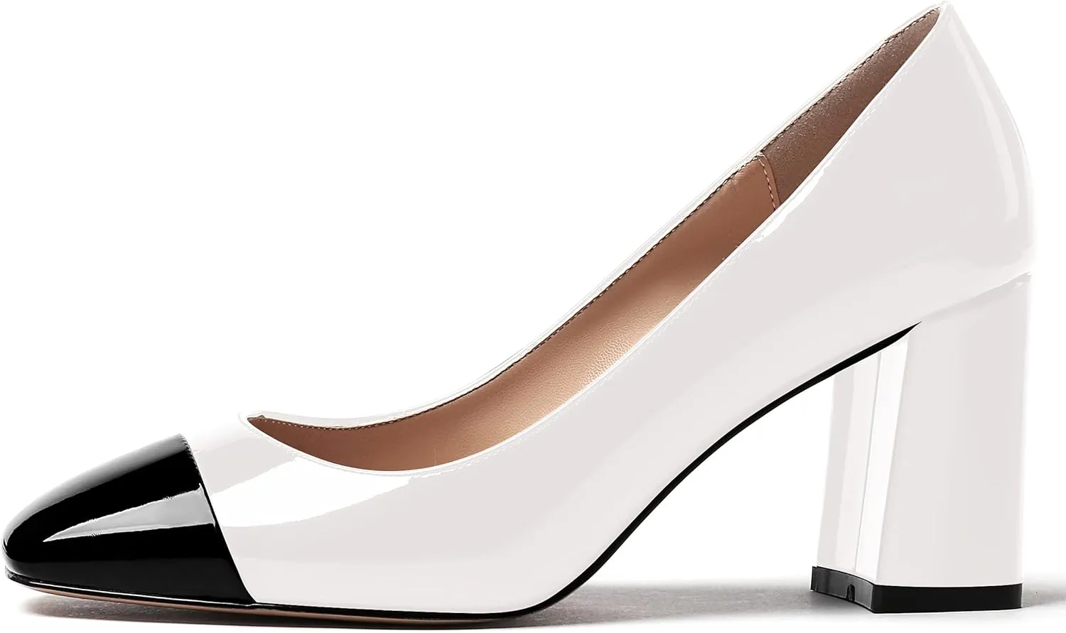 WAYDERNS Women's Square Toe Solid Slip On Patent Leather Patchwork Block High Heel Pumps 3 Inch