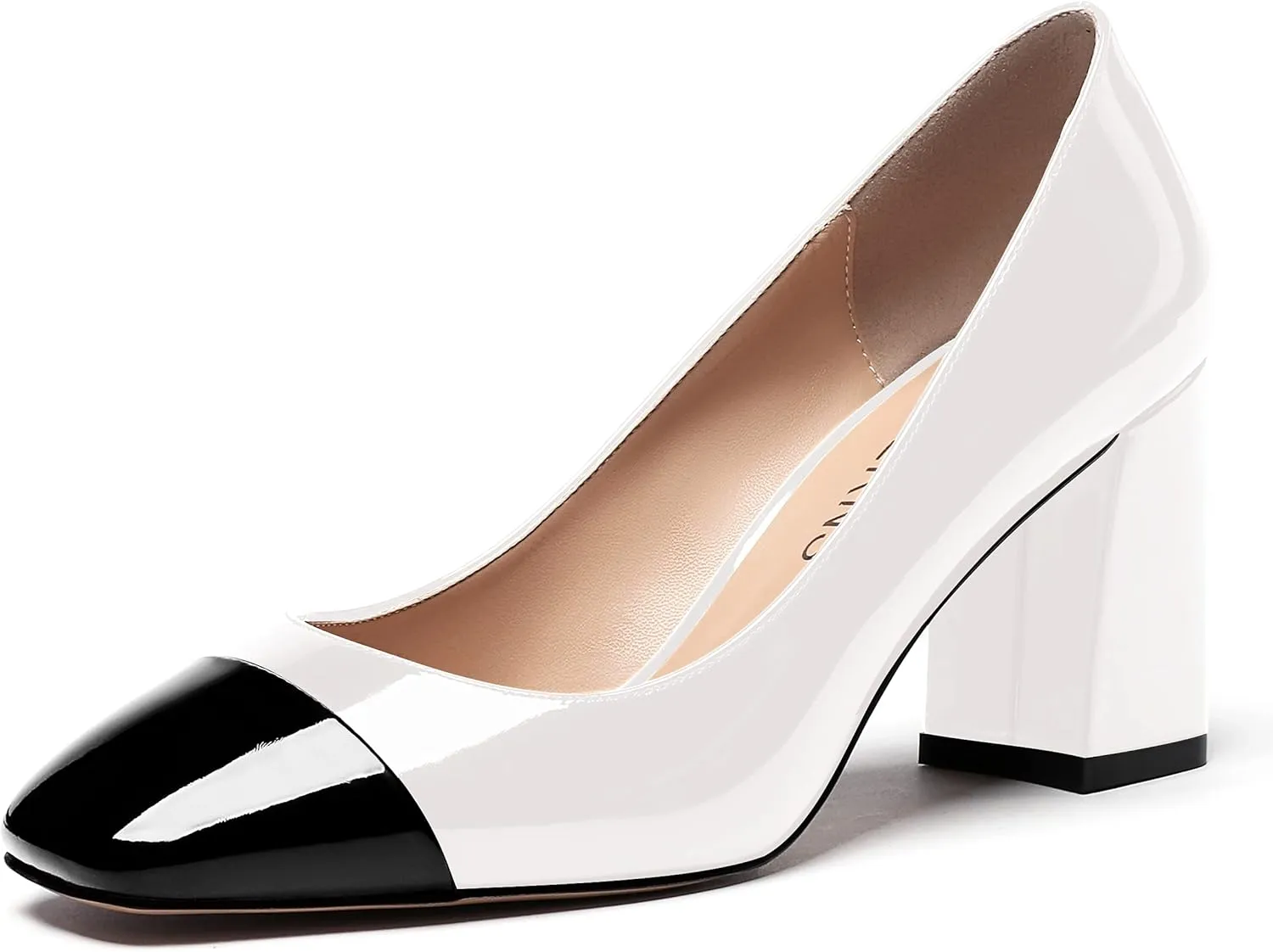 WAYDERNS Women's Square Toe Solid Slip On Patent Leather Patchwork Block High Heel Pumps 3 Inch