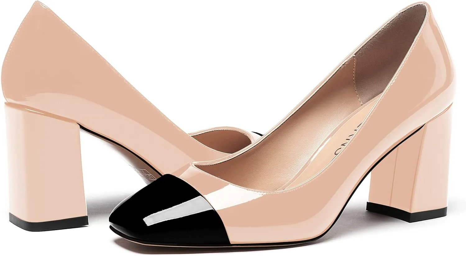WAYDERNS Women's Square Toe Solid Slip On Patent Leather Patchwork Block High Heel Pumps 3 Inch