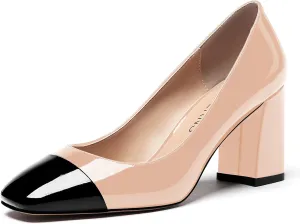 WAYDERNS Women's Square Toe Solid Slip On Patent Leather Patchwork Block High Heel Pumps 3 Inch