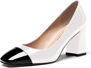 WAYDERNS Women's Square Toe Solid Slip On Patent Leather Patchwork Block High Heel Pumps 3 Inch