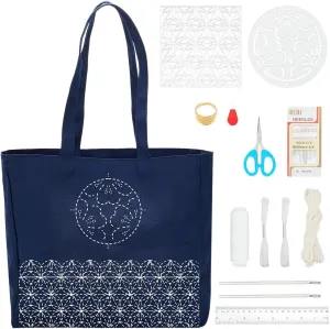 WEBEEDY Sashiko Handbag Kit DIY Floral Sashiko Acrylic Template Tote Bag Embroidery Bag Kit,Sashiko Pattern Starter Kit with Instructions for Beginners Hand Sewing Kit,13.4x12.2x4.7/34x31x12cm