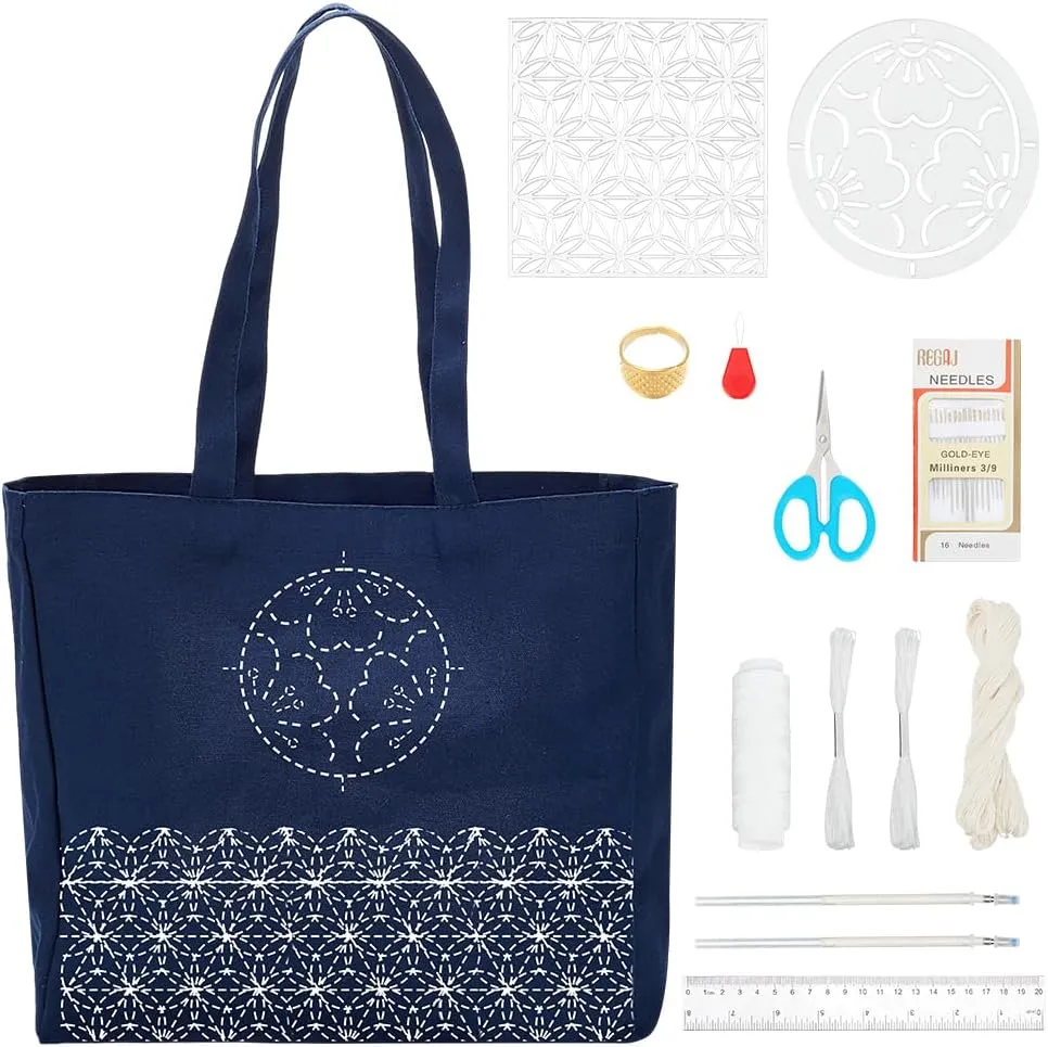 WEBEEDY Sashiko Handbag Kit DIY Floral Sashiko Acrylic Template Tote Bag Embroidery Bag Kit,Sashiko Pattern Starter Kit with Instructions for Beginners Hand Sewing Kit,13.4x12.2x4.7/34x31x12cm
