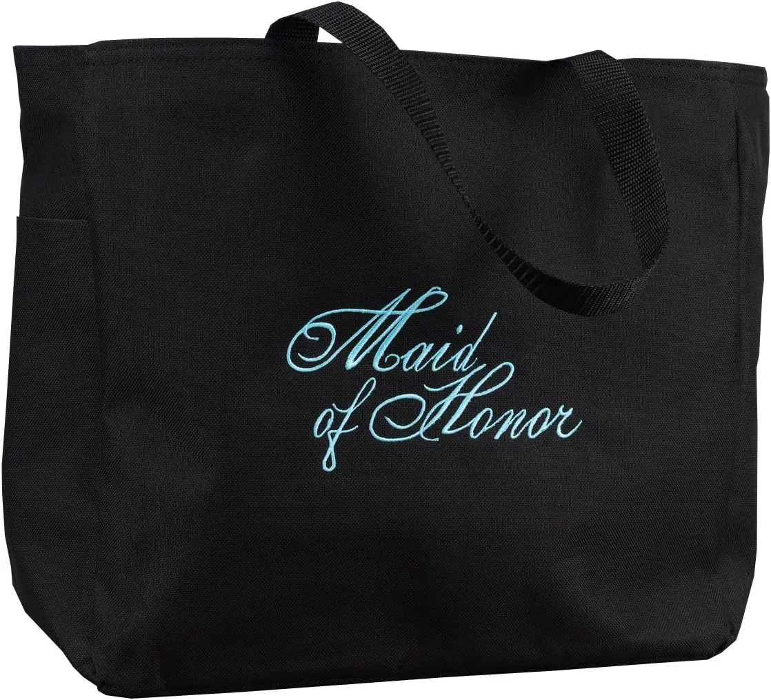 Wedding Accessories Black with Aqua Bridal Party Tote Bag, Maid of Honor, 12 by 14-Inch