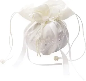 Wedding Drawstring Bridal Favor Money Bag Purse (White Money Bag with Glitter Organza)