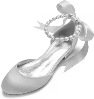 Wedding Shoes Flats for Bride Satin Pearls Round Toe Women Dress Shoes for Special Occasions