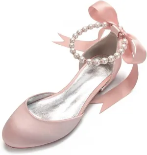 Wedding Shoes Flats for Bride Satin Pearls Round Toe Women Dress Shoes for Special Occasions