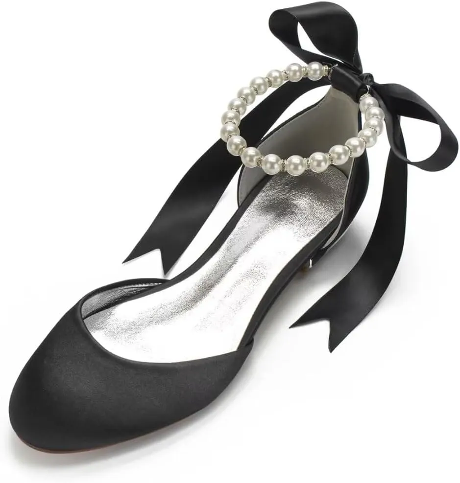 Wedding Shoes Flats for Bride Satin Pearls Round Toe Women Dress Shoes for Special Occasions