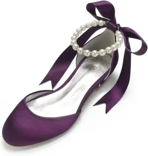 Wedding Shoes Flats for Bride Satin Pearls Round Toe Women Dress Shoes for Special Occasions