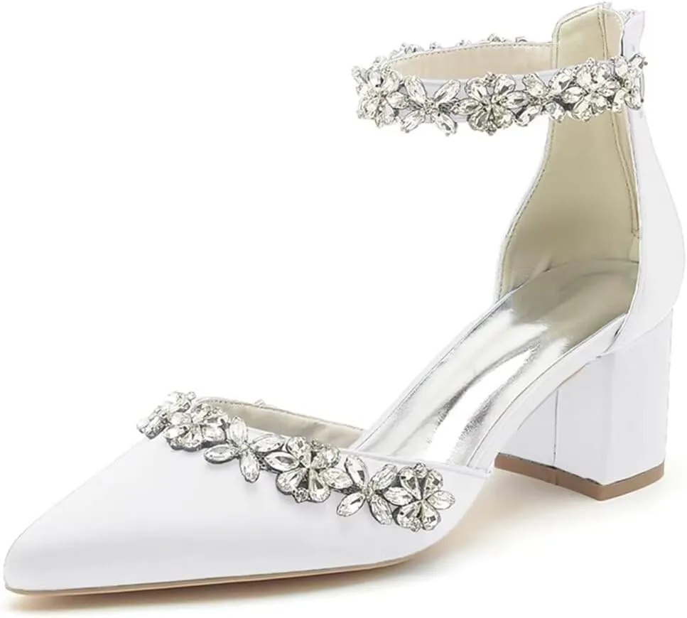 Wedding Shoes for Bride Block Heel Satin Rhinestones Bridal Shoes Prom Party Dress Pumps