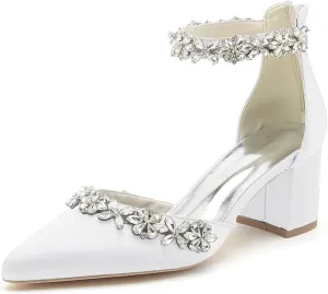 Wedding Shoes for Bride Block Heel Satin Rhinestones Bridal Shoes Prom Party Dress Pumps