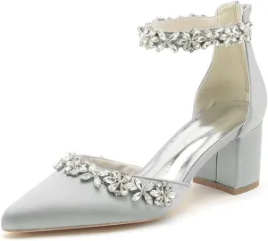 Wedding Shoes for Bride Block Heel Satin Rhinestones Bridal Shoes Prom Party Dress Pumps
