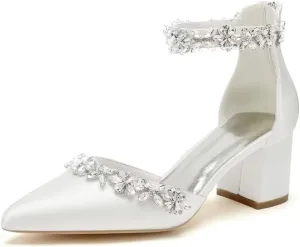Wedding Shoes for Bride Block Heel Satin Rhinestones Bridal Shoes Prom Party Dress Pumps