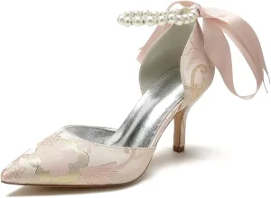 Wedding Shoes for Bride Bowknot Pumps Womens Closed Toe Pointed Toe Bridal Shoes Stiletto Strap Floral Satin Sandals Pearl Evening Dress,Pink,5