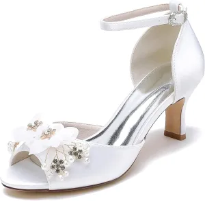 Wedding Shoes for Bridesmaids Satin Rhinestones Sandals Pumps Heels with lace Flowers Fish Mouth Buckle Strap Chunky Bridal Shoes