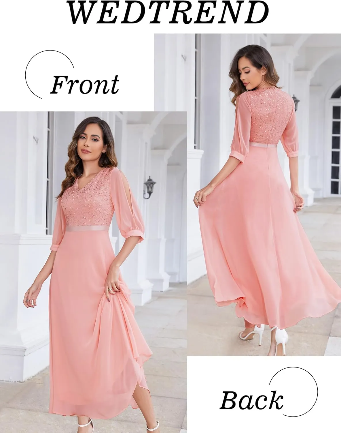 Wedtrend Women's Sequin Dress Sparkly Glitter Dress Split Sleeves Formal Dresses Maxi Evening Dress
