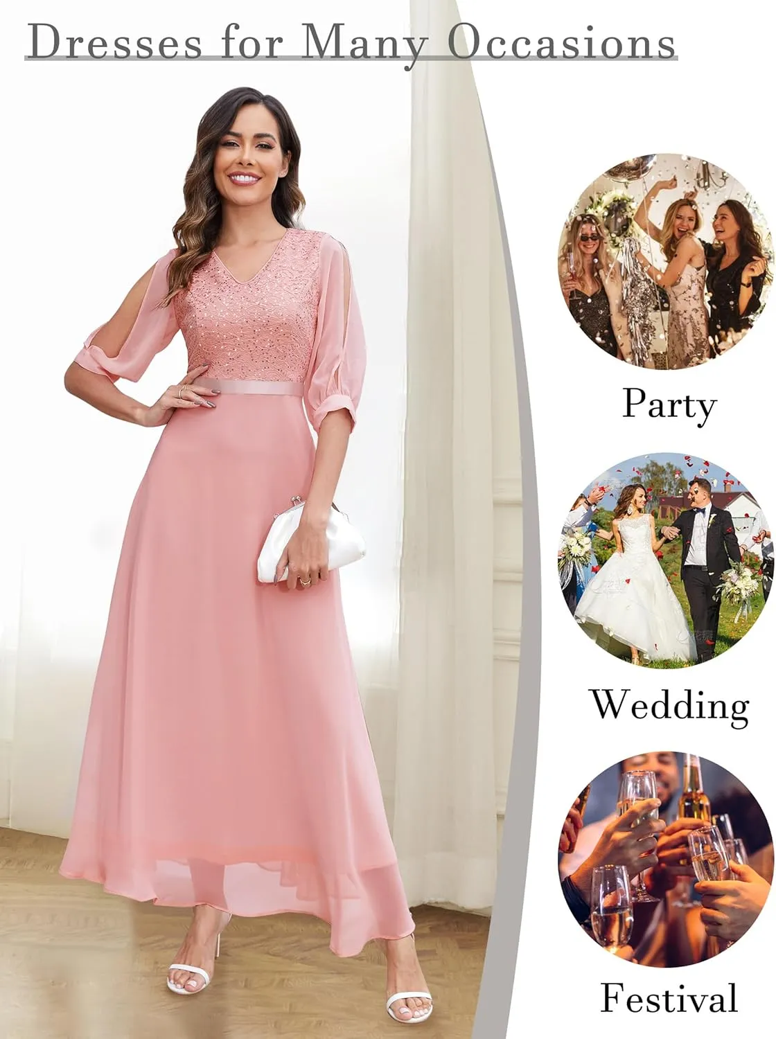 Wedtrend Women's Sequin Dress Sparkly Glitter Dress Split Sleeves Formal Dresses Maxi Evening Dress