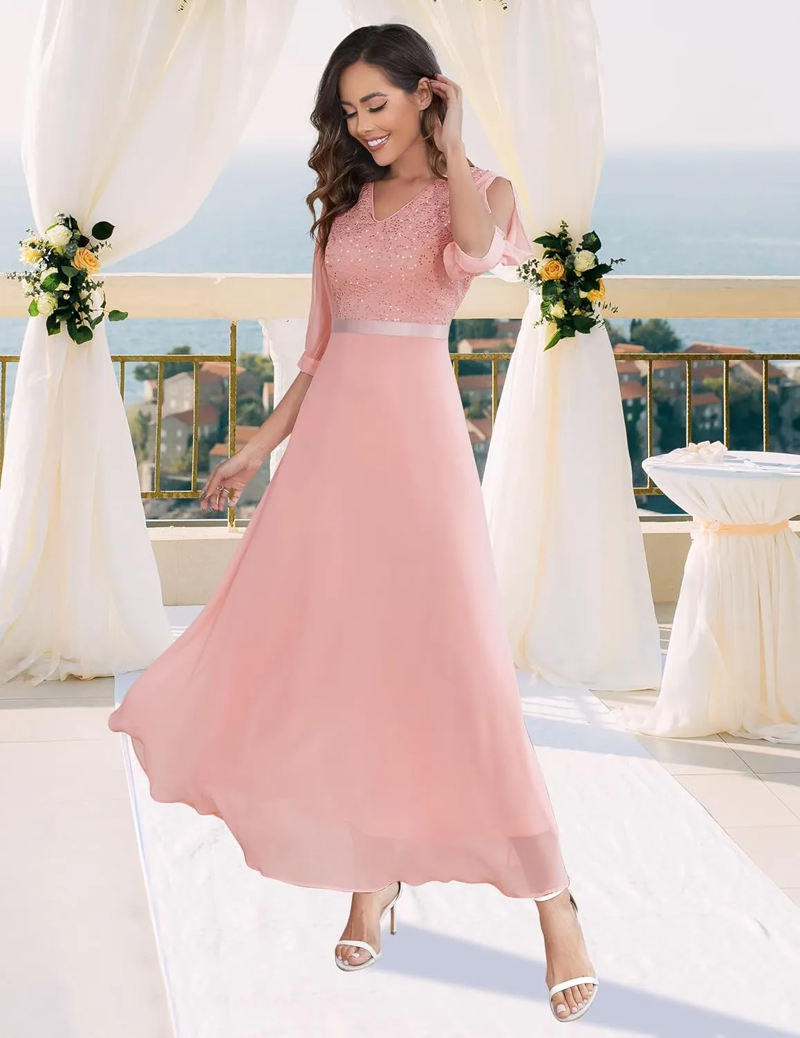 Wedtrend Women's Sequin Dress Sparkly Glitter Dress Split Sleeves Formal Dresses Maxi Evening Dress