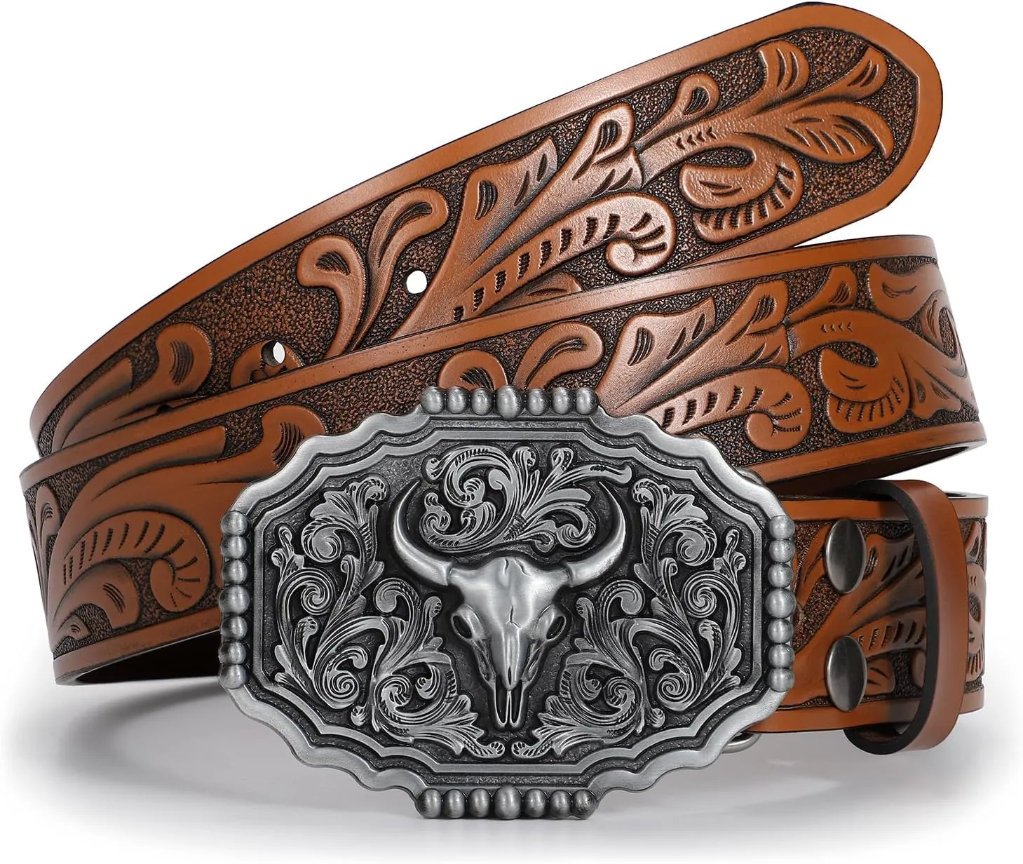 Western Belts for Woman Men, Cowboy Cowgirl Belt Embossed Western Country Bull Buckle Leather Belts for Jeans