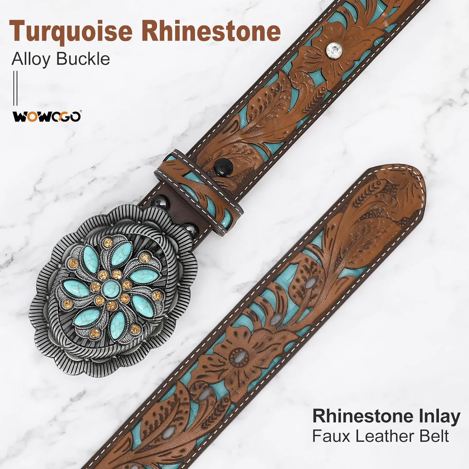 Western Belts for Women Cowgirl Cowboy Country Belt Turquoise Rhinestone Leather Belt Brown Plus Size Belt