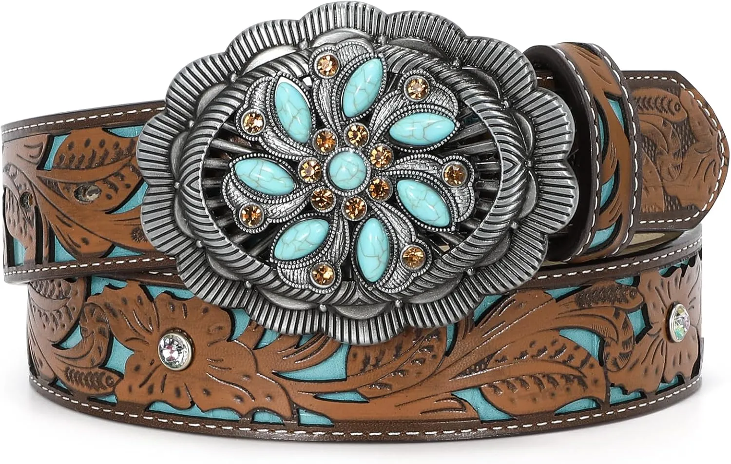 Western Belts for Women Cowgirl Cowboy Country Belt Turquoise Rhinestone Leather Belt Brown Plus Size Belt