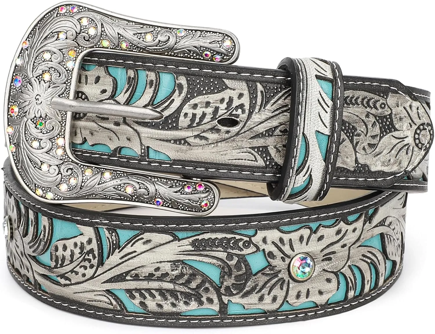 Western Belts for Women Cowgirl Cowboy Country Belt Turquoise Rhinestone Leather Belt Brown Plus Size Belt