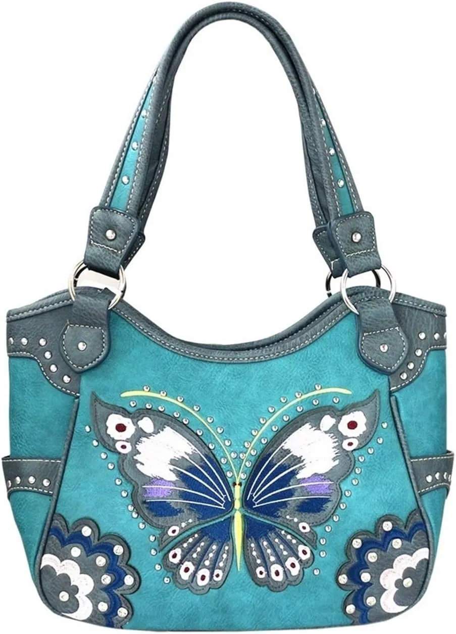 Western Fashion Butterfly Flower Season Embroidery Conceal Carry Tote Handbag Purse in 6 colors