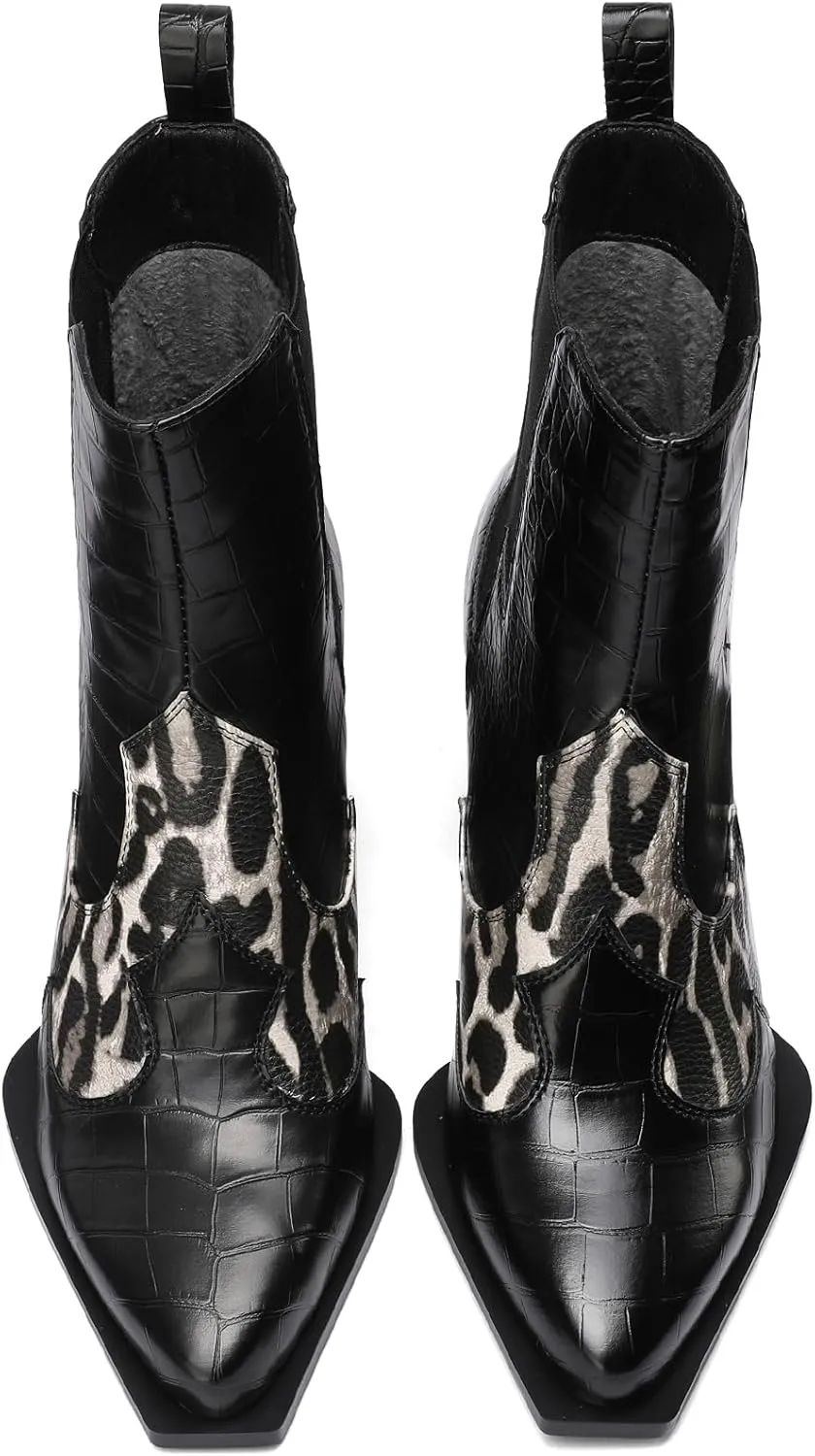 Western Gladiator Boots For Women Winter Ankle Extra Wide Calf Booties Botas Para Mujer Chelsea Leather Chunky Block Dress Combat Warm Lined Cowboy Cowgirl Ladies High Heels