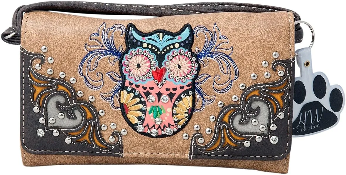 Western Owl Art Heart Crossbody Wristlet Clutch Wallet