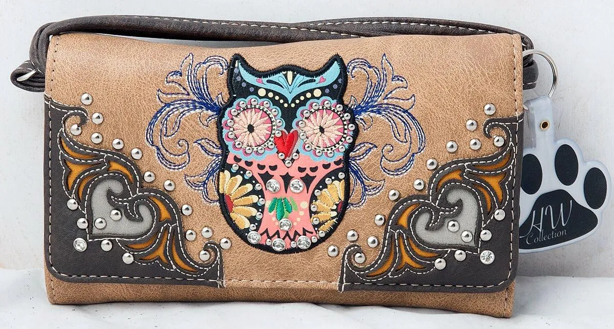 Western Owl Art Heart Crossbody Wristlet Clutch Wallet