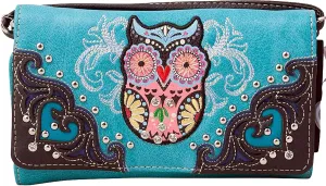 Western Owl Art Heart Crossbody Wristlet Clutch Wallet