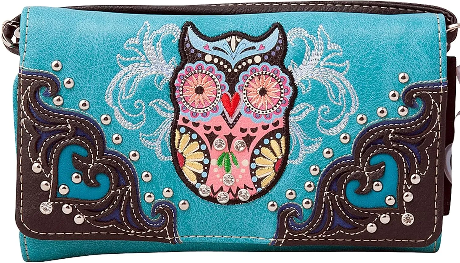 Western Owl Art Heart Crossbody Wristlet Clutch Wallet