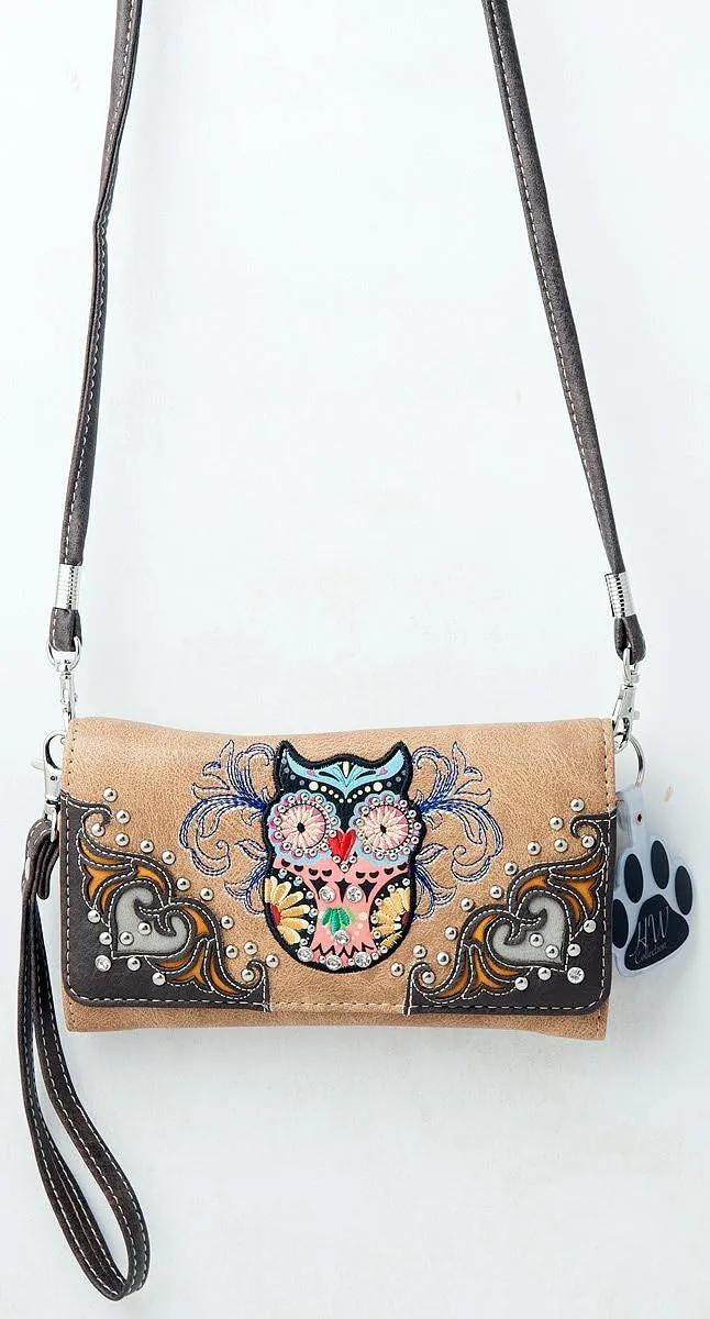 Western Owl Art Heart Crossbody Wristlet Clutch Wallet