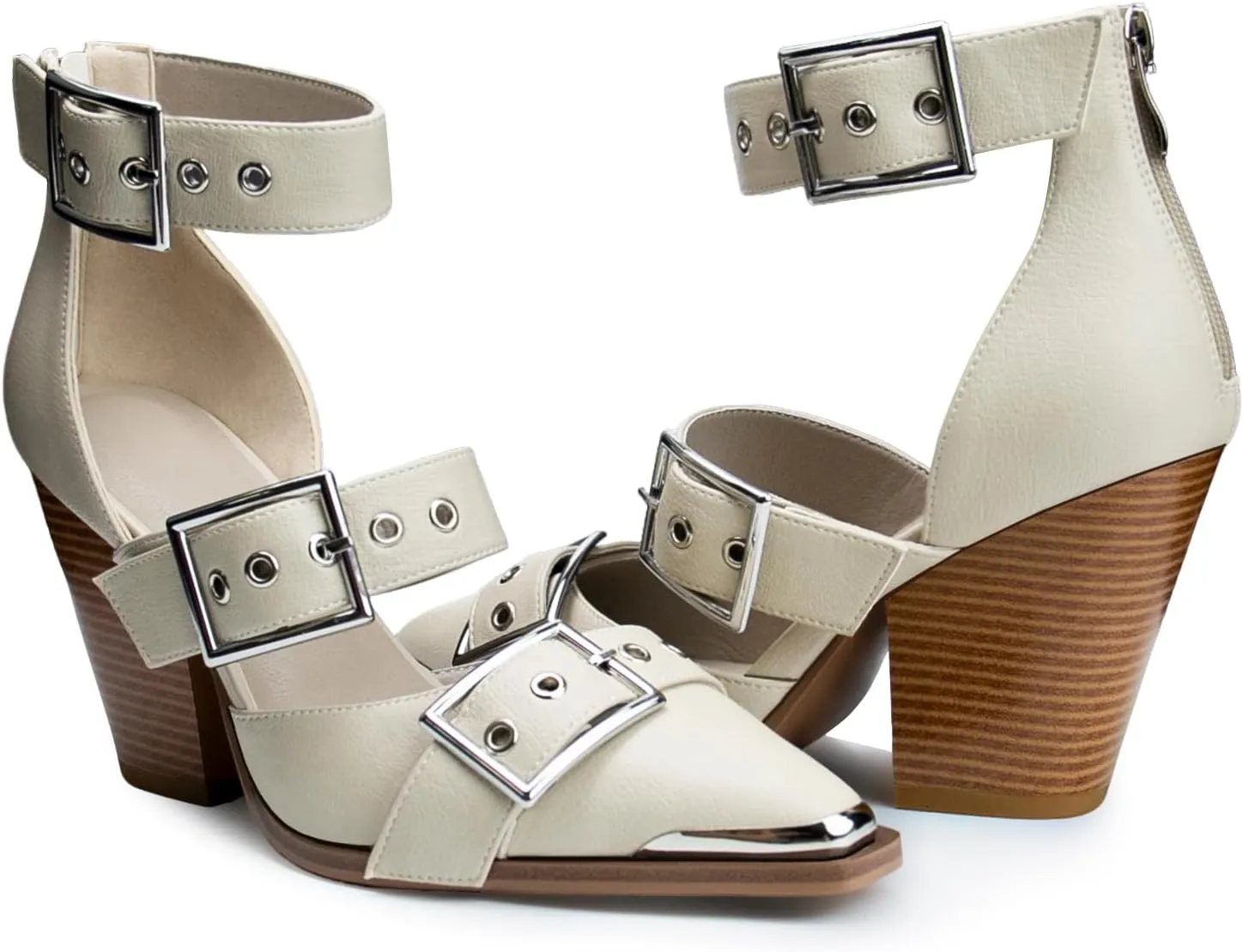 Western Sandals for Women Chunky Heel Pointed Toe Pumps Metal Buckle Strappy Western Comfortable Bridal Shoes