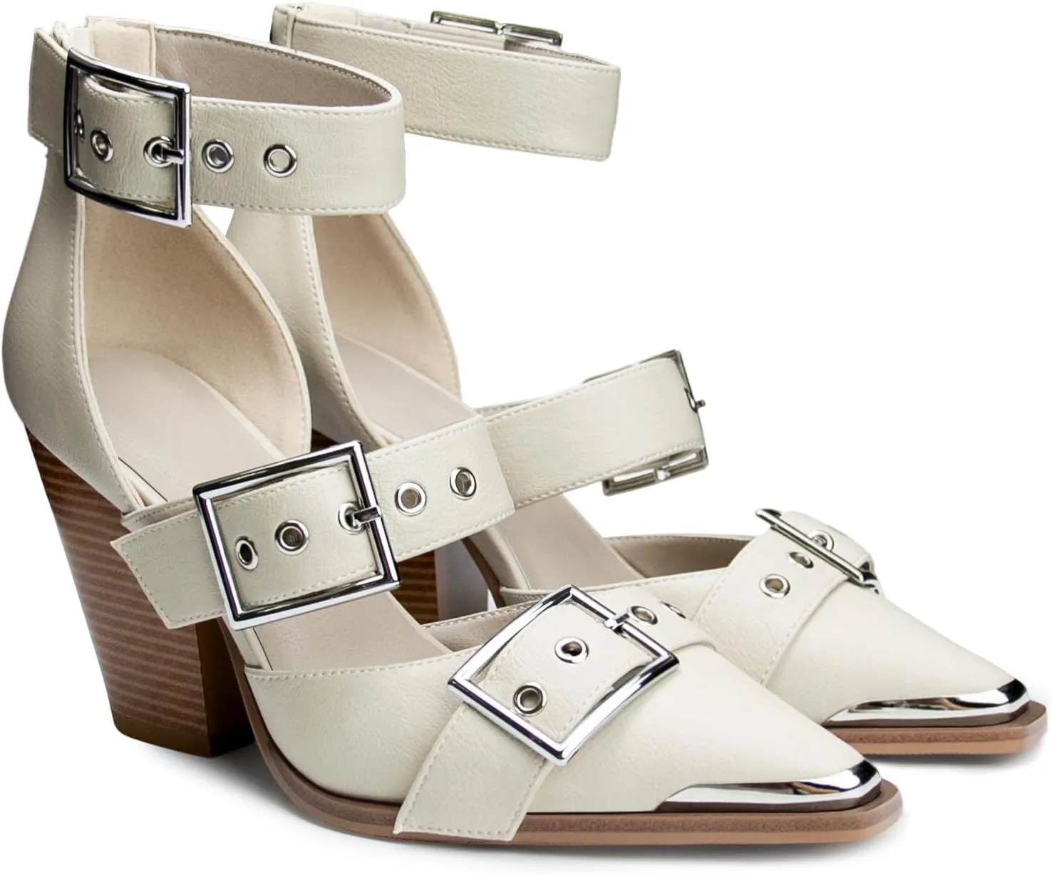 Western Sandals for Women Chunky Heel Pointed Toe Pumps Metal Buckle Strappy Western Comfortable Bridal Shoes