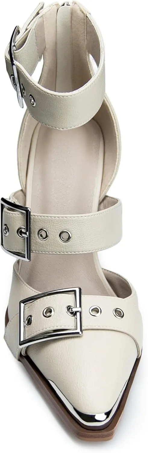 Western Sandals for Women Chunky Heel Pointed Toe Pumps Metal Buckle Strappy Western Comfortable Bridal Shoes
