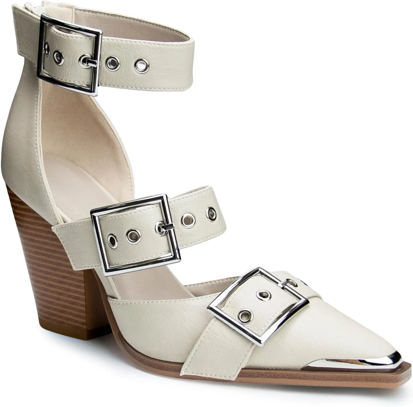 Western Sandals for Women Chunky Heel Pointed Toe Pumps Metal Buckle Strappy Western Comfortable Bridal Shoes