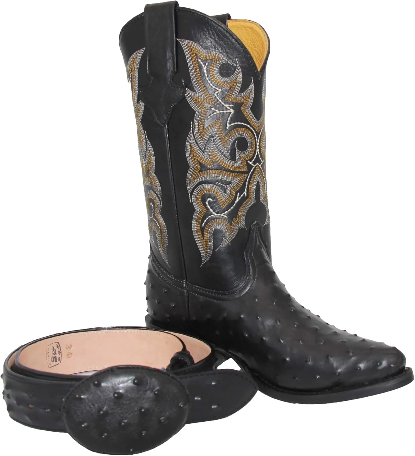 Western Shops Mens Leather Cowboy Boots Embossed Ostrich Quill Print Western Boot with Free Belt
