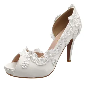 White ivory lace pearls open toe wedding shoes bride prom party women shoes size 5-10