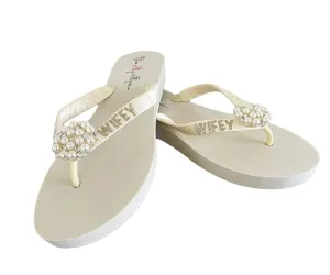 Wifey Pearl Glitter Flip Flops - Bride or Bridesmaid, Choose Colors Champagne, Ivory or White
