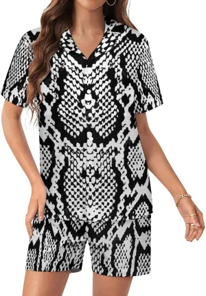 Women 2-Piece Silky Sleepwear Shorts and Button Down Short Sleeve Top