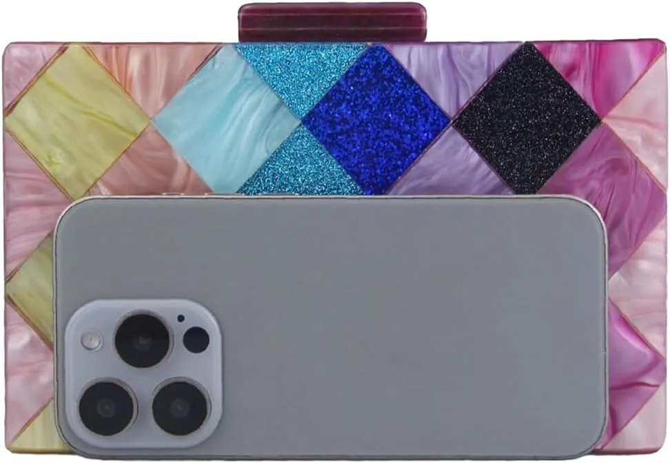 Women Acrylic Diamond Clutch Marbled Shining Square Box Handbag Smooth Chic Shoulder Handbag for Party Prom Club