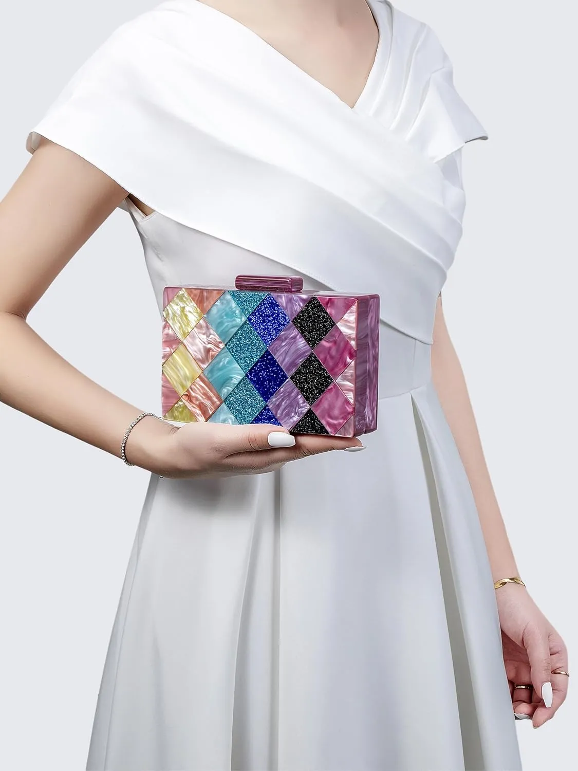 Women Acrylic Diamond Clutch Marbled Shining Square Box Handbag Smooth Chic Shoulder Handbag for Party Prom Club